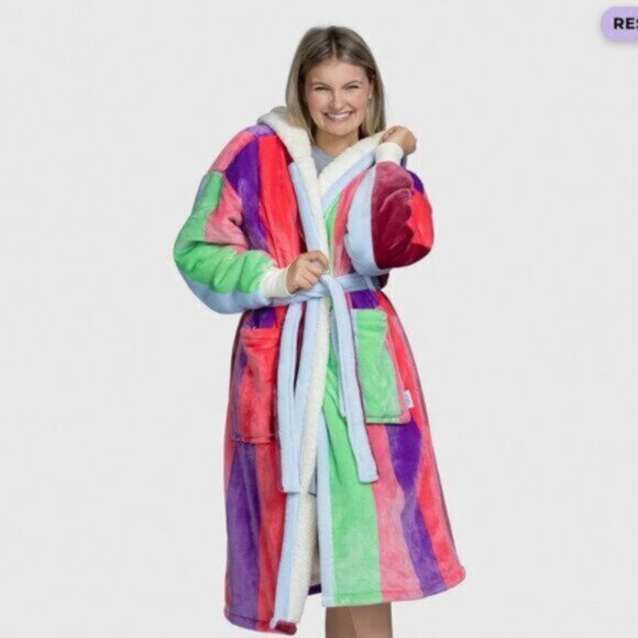 The Oodie Sherpa Robe Multi Stripe NWT - Picture 1 of 12